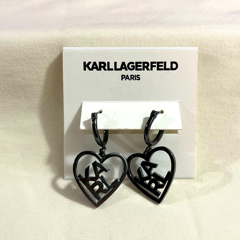 NWT Karl Lagerfeld black heart shaped earrings. No backs needed they snap on